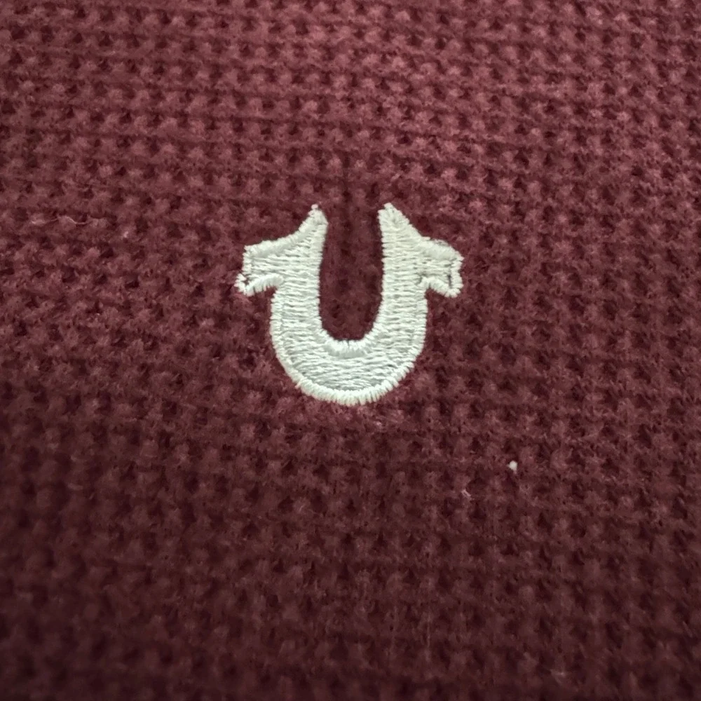 True Religion Henley Shirt Mens 3XL Burgundy Waffle Knit Long Sleeve Logo Top
